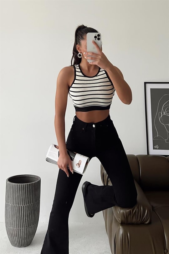 Çizgili Halter Yaka Top Ekru