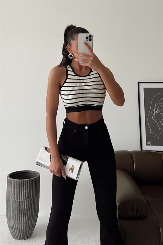 Çizgili Halter Yaka Top Ekru