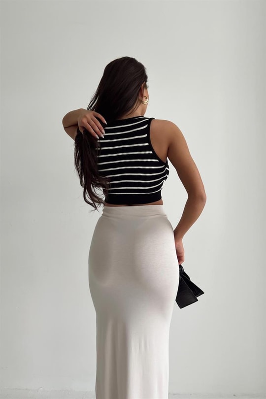 Çizgili Halter Yaka Top Siyah