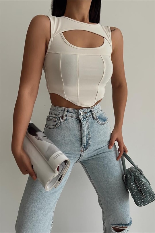 Cut Out Korsaj Top Krem