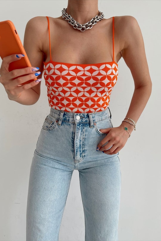 Dama Desenli Triko Top Oranj