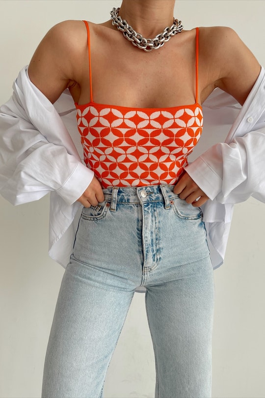 Dama Desenli Triko Top Oranj