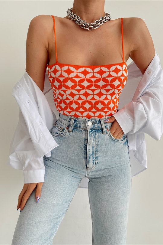 Dama Desenli Triko Top Oranj
