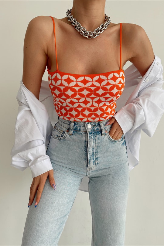 Dama Desenli Triko Top Oranj