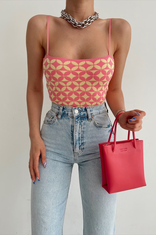 Dama Desenli Triko Top Pembe
