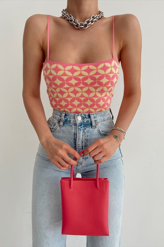 Dama Desenli Triko Top Pembe
