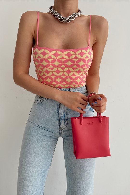 Dama Desenli Triko Top Pembe