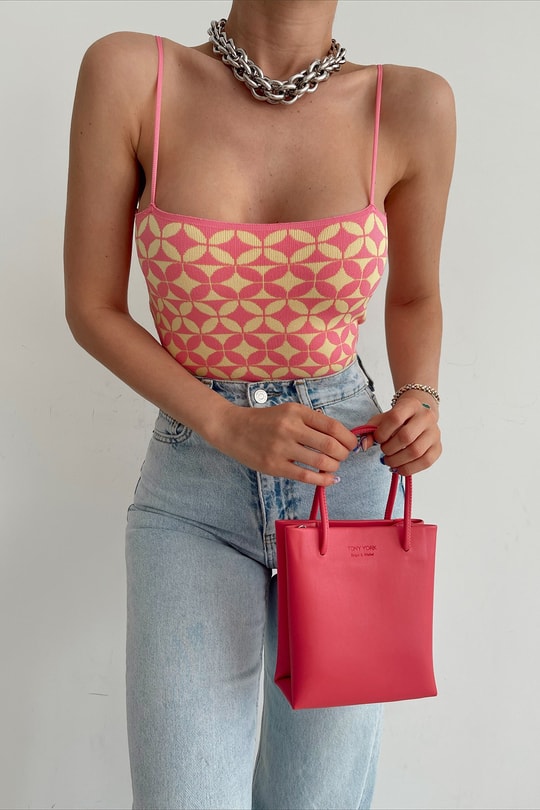 Dama Desenli Triko Top Pembe
