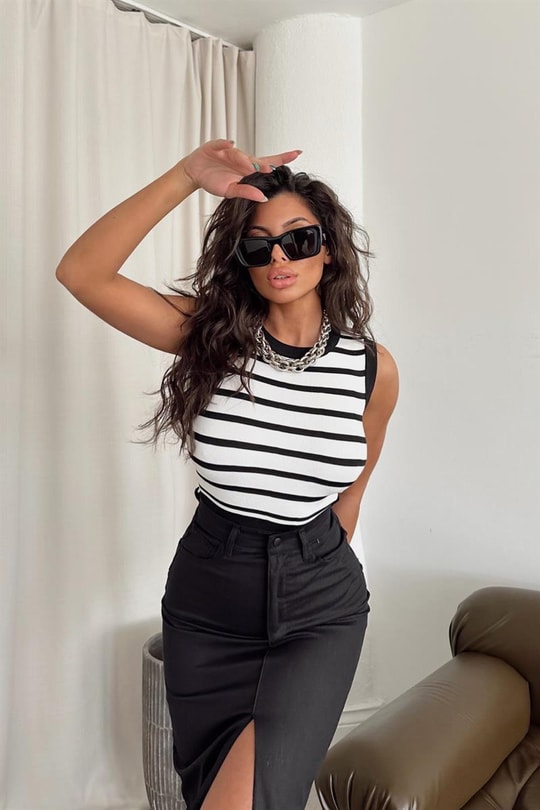 Degrade Çizgili Crop Top Siyah-Beyaz