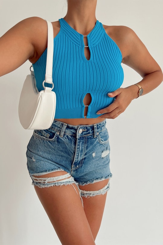 Fitilli Cut Out Crop Top Mavi