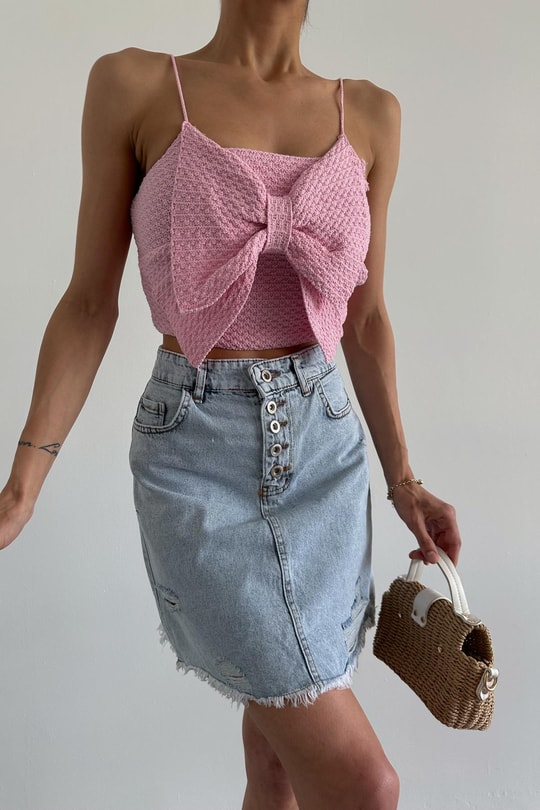 Fiyonk Detaylı Triko Top Pembe