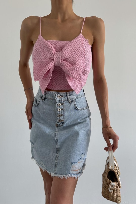 Fiyonk Detaylı Triko Top Pembe