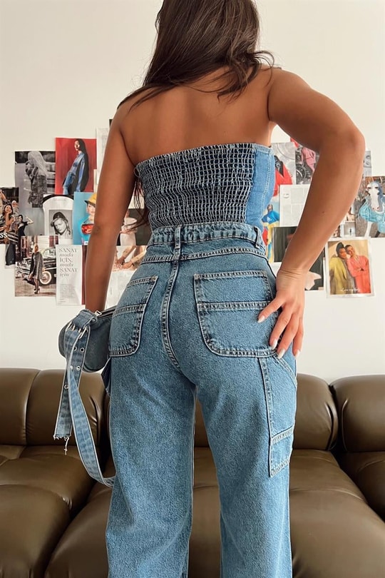 Gipe Detay Straplez Top Açık Mavi