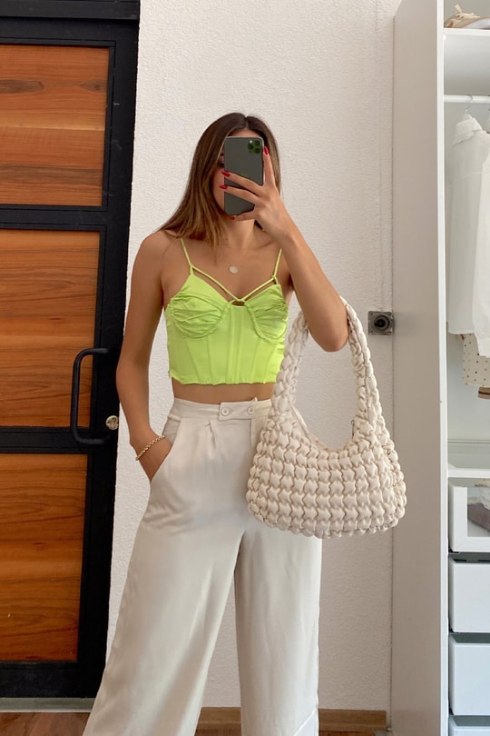 Gipe Detaylı Askılı Crop Neon Yeşil