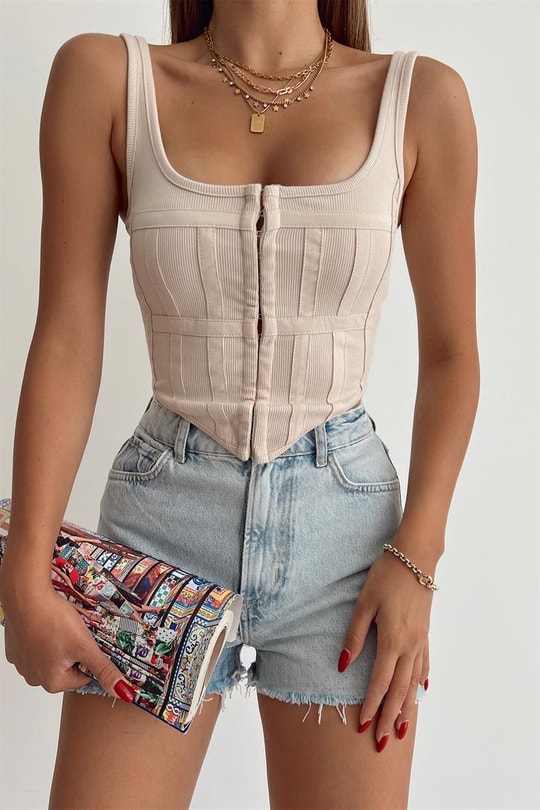 Gizli Fermuar Korse Top Bej