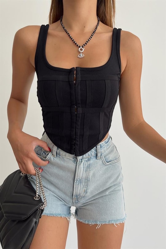 Gizli Fermuar Korse Top Siyah