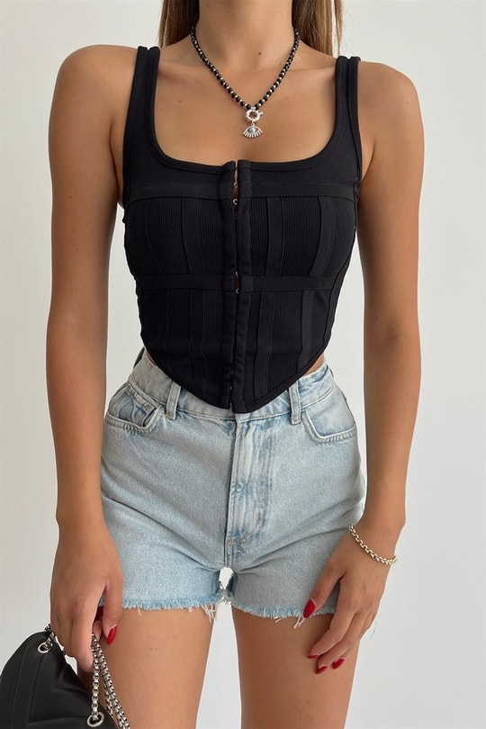 Gizli Fermuar Korse Top Siyah