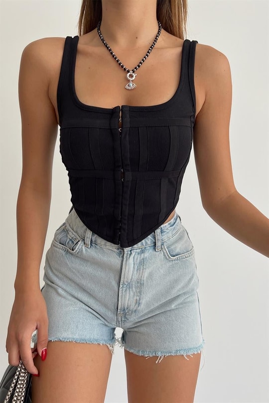 Gizli Fermuar Korse Top Siyah