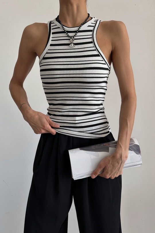 Halter Yaka Çizgili Bluz Beyaz
