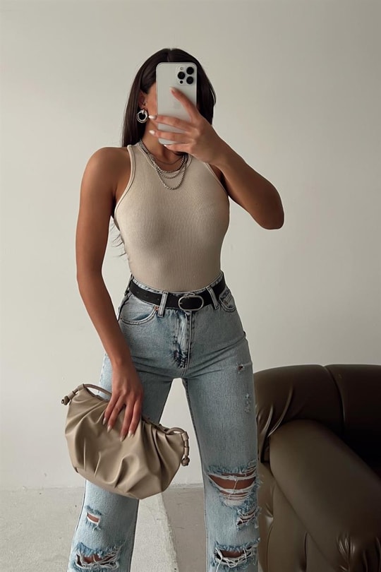 Halter Yaka Crop Atlet Bej