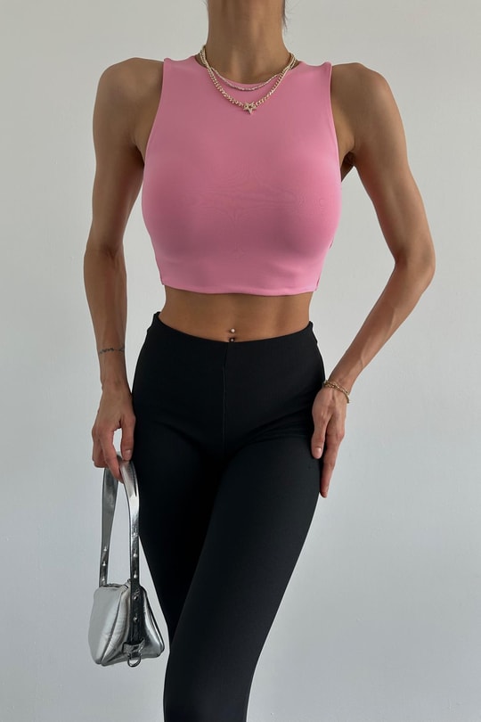 Halter Yaka Crop Pembe