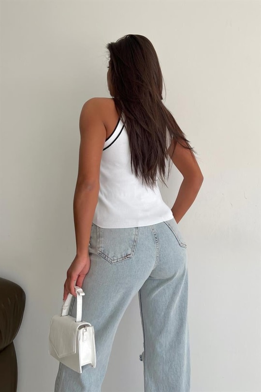 Halter Yaka Şeritli Crop Top Krem