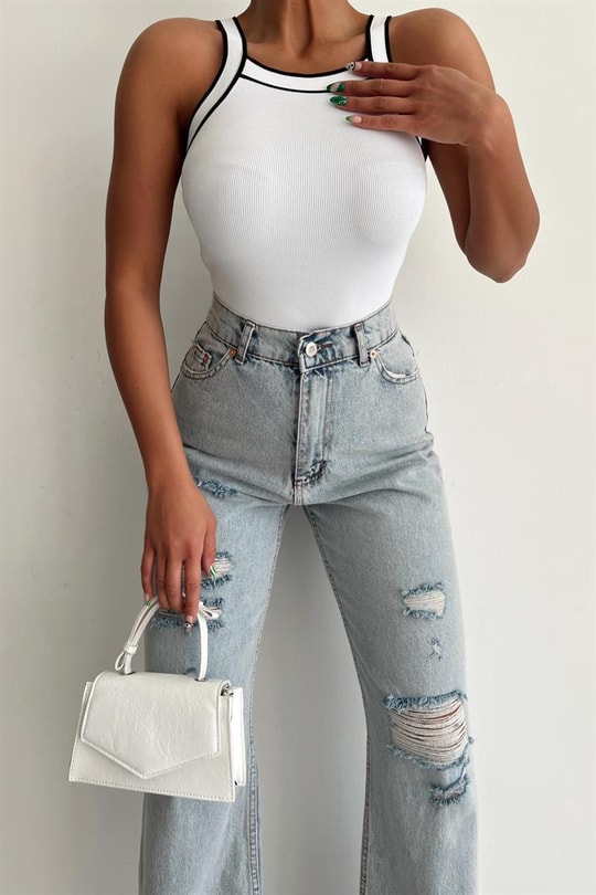 Halter Yaka Şeritli Crop Top Krem