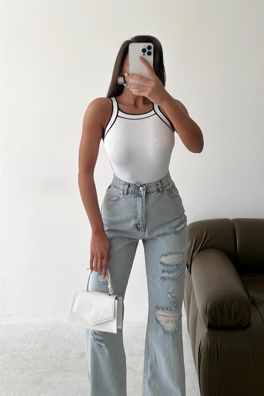 Halter Yaka Şeritli Crop Top Krem