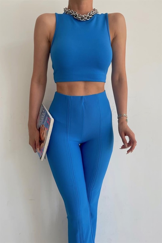 Halter Yaka Top Saks Mavisi