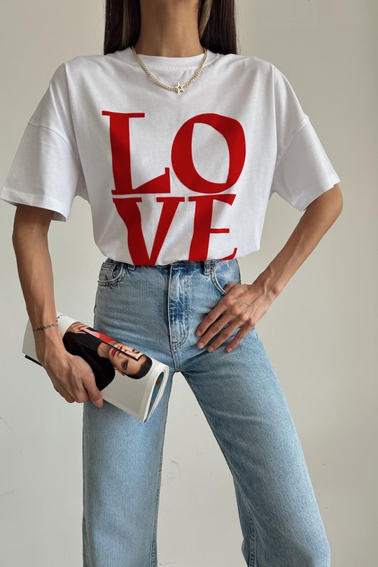 Harf Love Baskı Tshirt Kırmızı