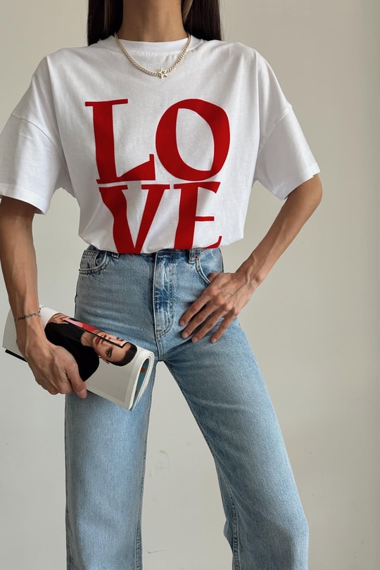 Harf Love Baskı Tshirt Kırmızı