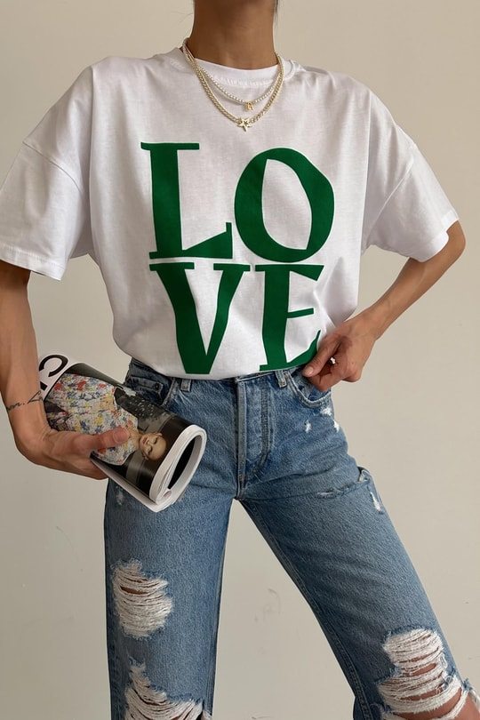 Harf Love Baskı Tshirt Yeşil