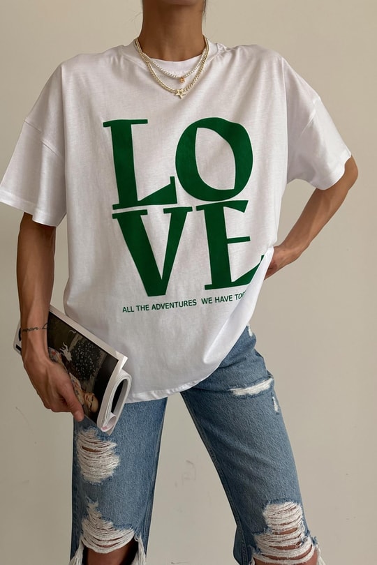 Harf Love Baskı Tshirt Yeşil