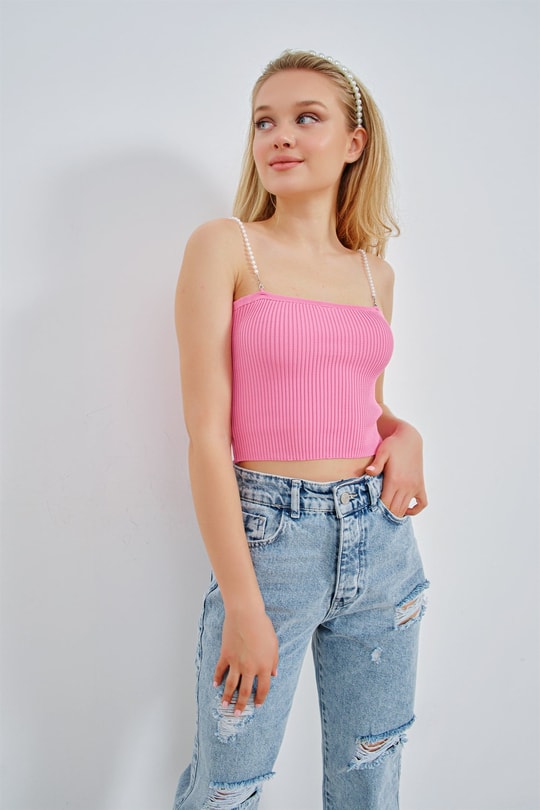 İnci Askılı Straplez Top Pembe