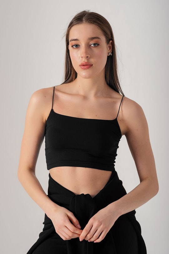 İp Askılı Crop Top Siyah