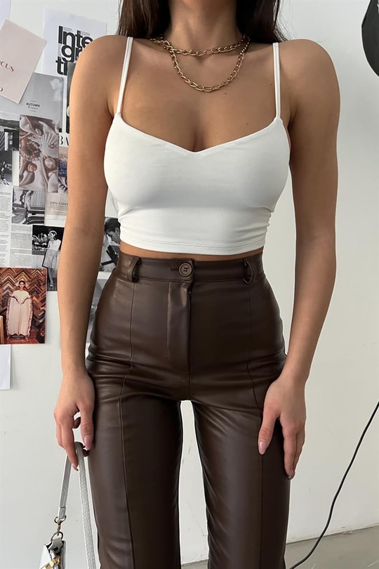 İp Askılı V Crop Top Beyaz