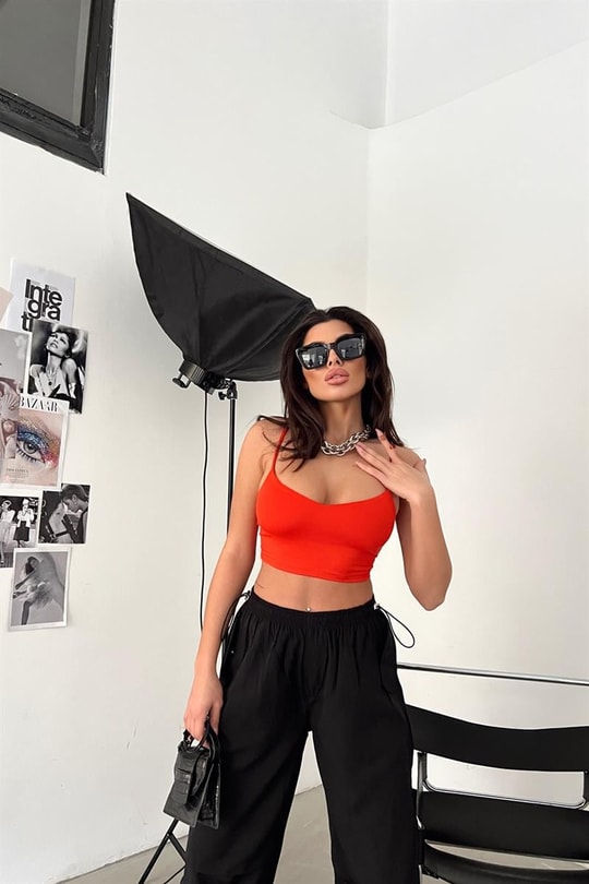 İp Askılı V Crop Top Oranj