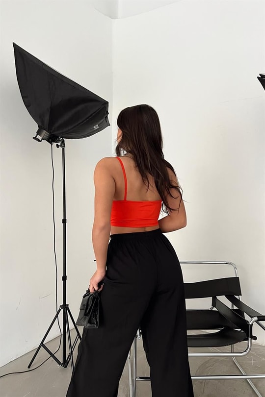 İp Askılı V Crop Top Oranj