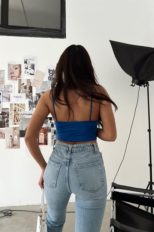 İp Askılı V Crop Top Saks Mavisi