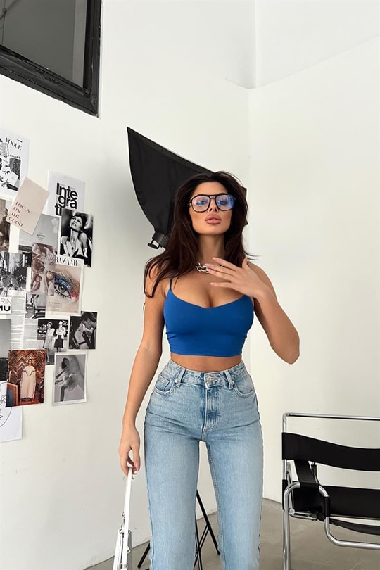 İp Askılı V Crop Top Saks Mavisi