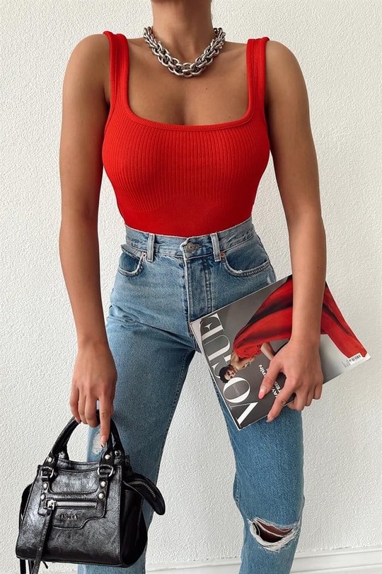 Kalın Askılı Crop Top Kırmızı