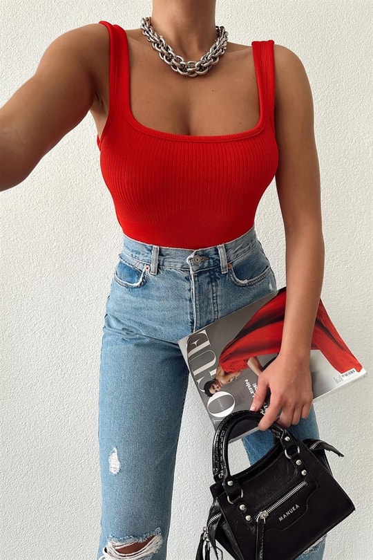 Kalın Askılı Crop Top Kırmızı