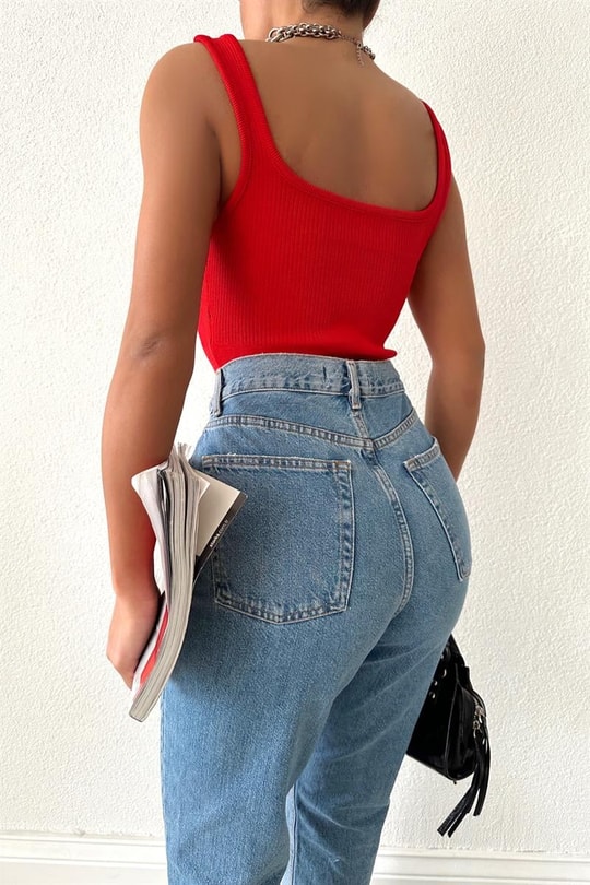 Kalın Askılı Crop Top Kırmızı