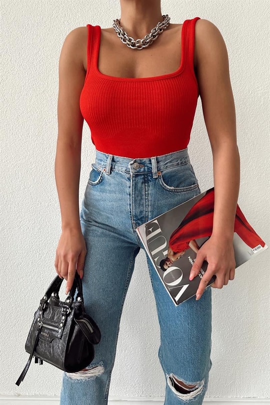 Kalın Askılı Crop Top Kırmızı