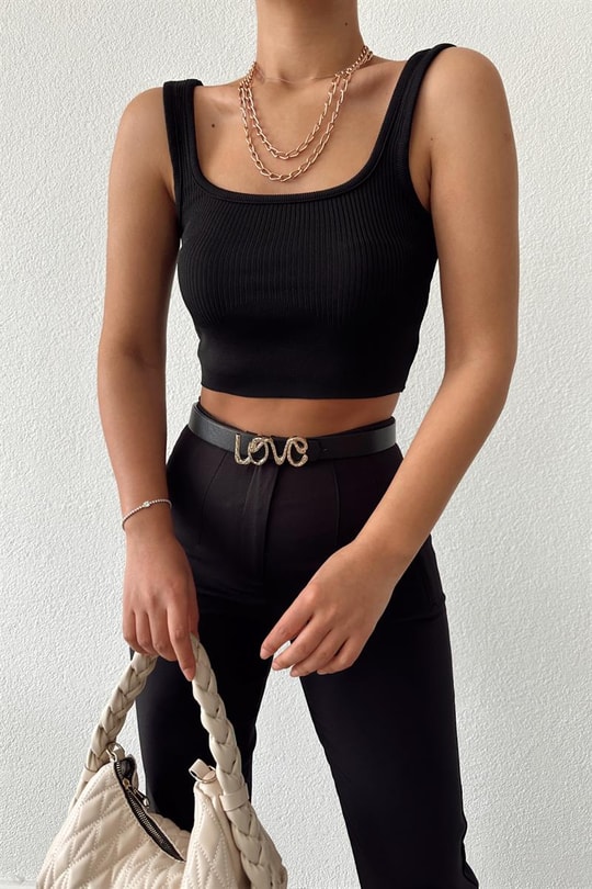 Kalın Askılı Crop Top Siyah