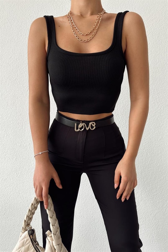 Kalın Askılı Crop Top Siyah