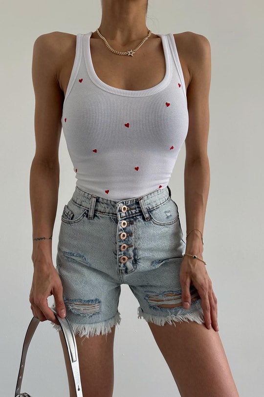 Kalp Nakışlı Crop Top Beyaz