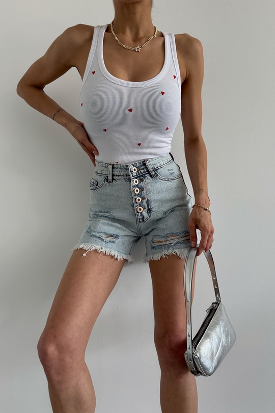 Kalp Nakışlı Crop Top Beyaz
