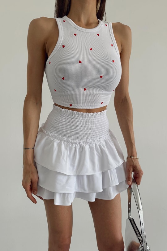 Kalp Nakışlı Crop Top Beyaz