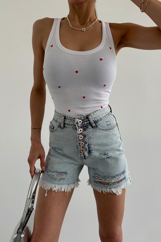 Kalp Nakışlı Crop Top Beyaz